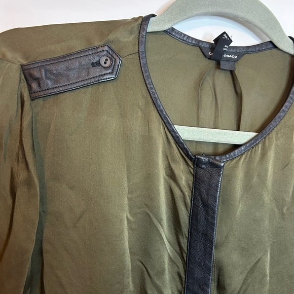 Club Monaco Olive Green Silk Leather Trim Blouse - Picture 4 of 4